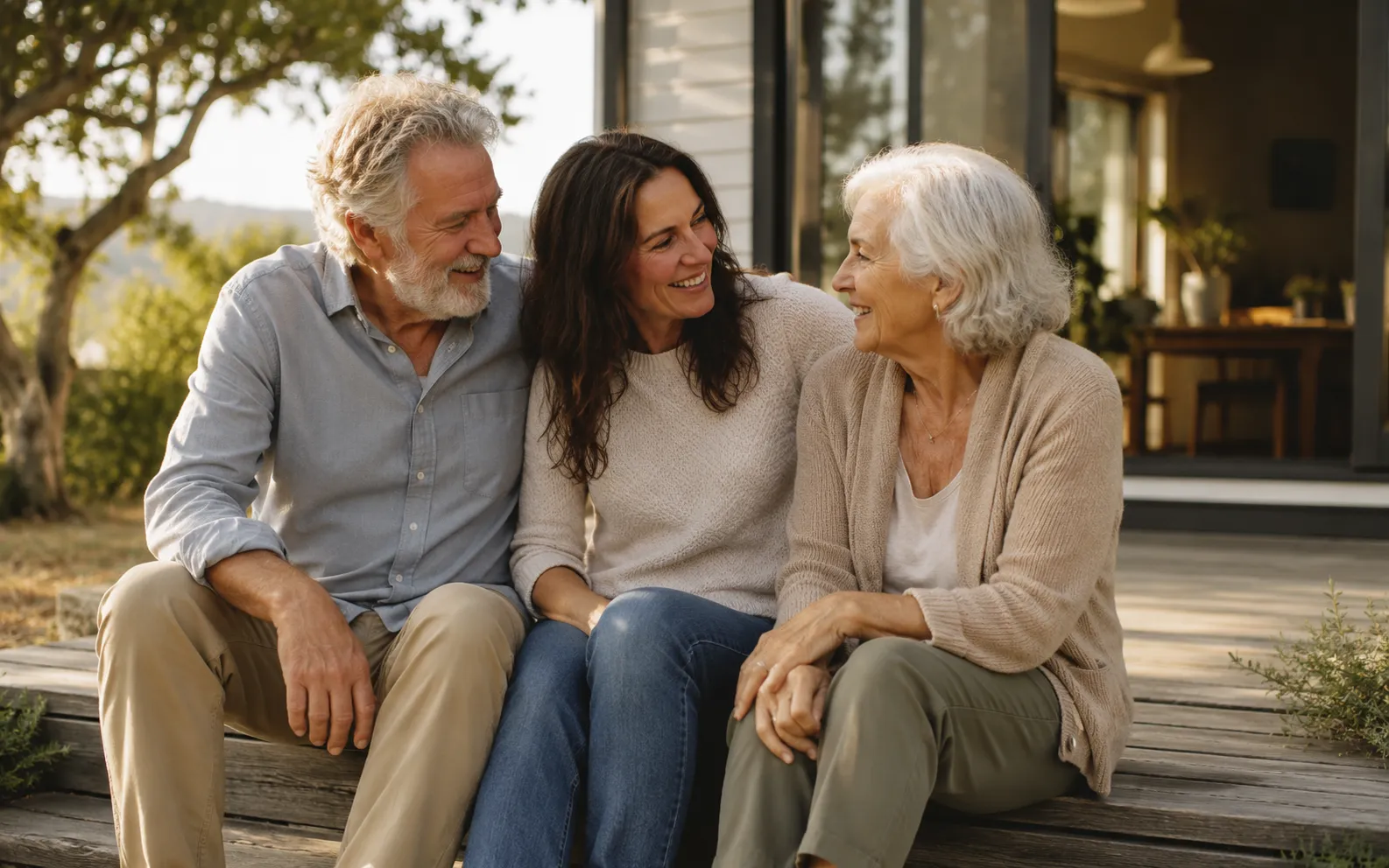 A warm family moment, such as a couple in their late sixties or a parent and their adult child, relaxed together at home