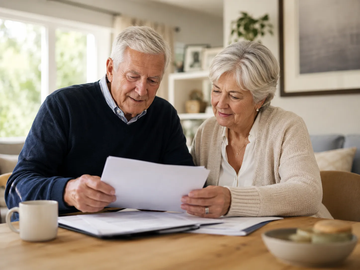 An older adult reviewing a will with a witness in a bright office